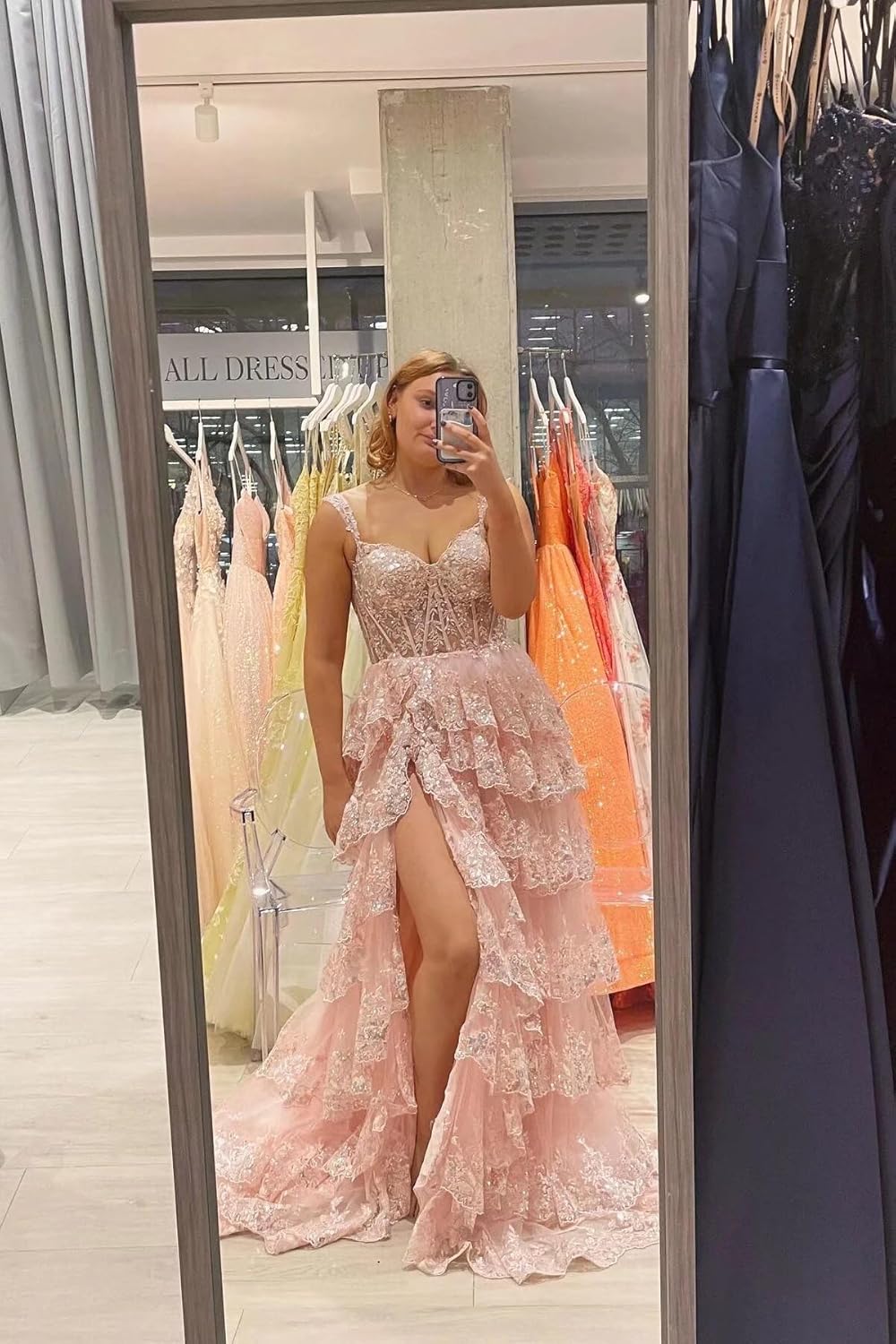 Cudiew Tulle Tiered Prom Dress Sparkly Lace Sequin Applique Corset Long Formal Evening Party Gowns with Slit for Women