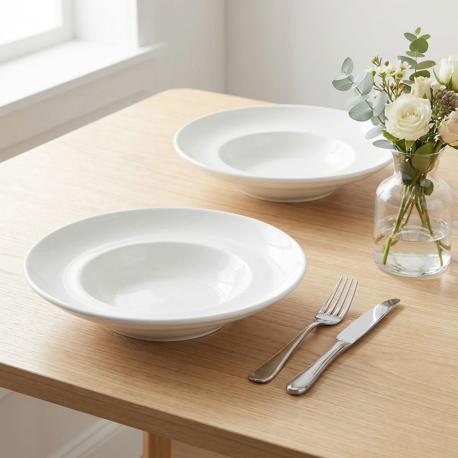 Pasta Plates with Rim 17.1 oz, Soup Bowl Pasta Bowl Set of 4, White Shallow Bowl Plate, Ceramic Wide Rimmed Soup Bowl, Best choice for high-end restaurants, hotels, and foodies, 11.3 Inch