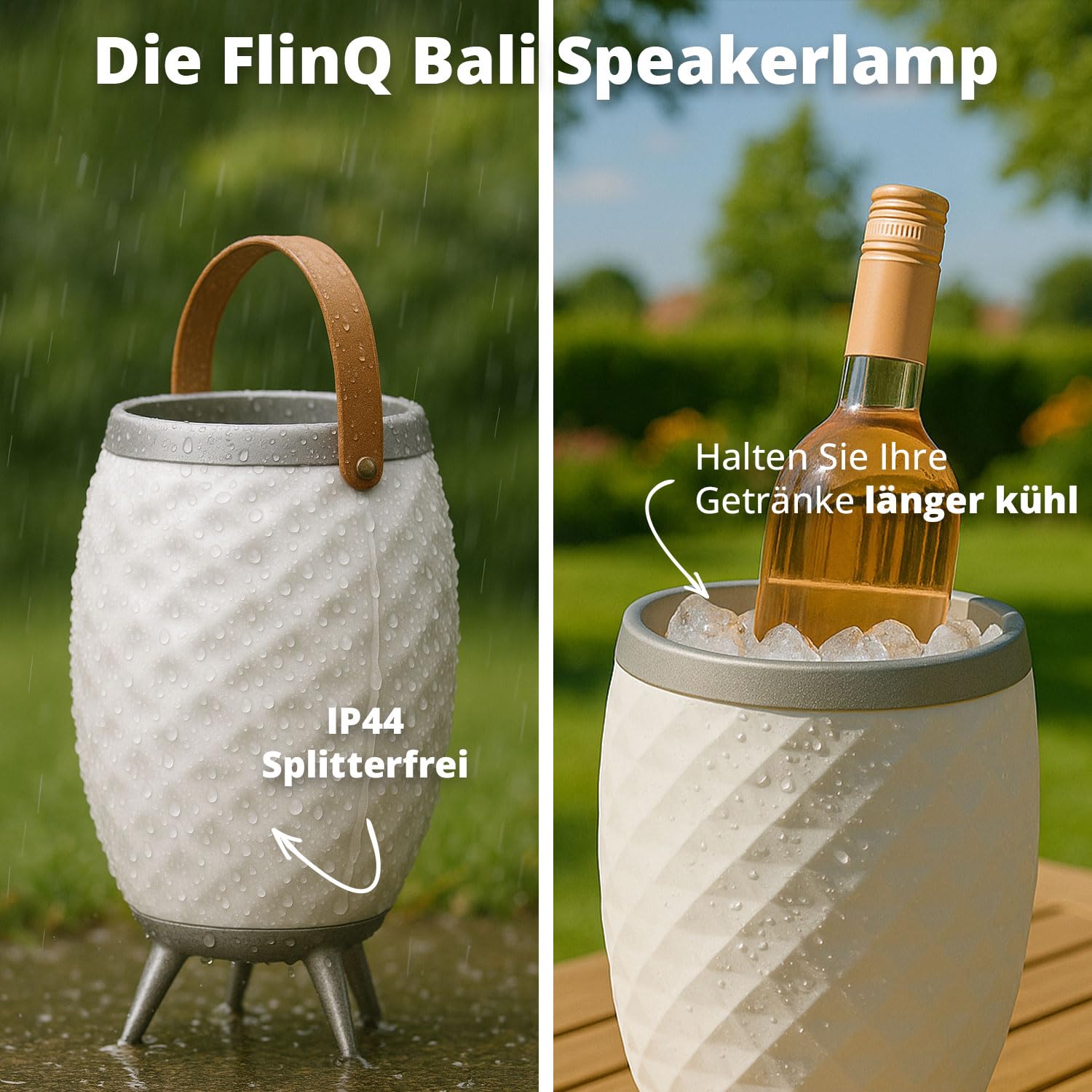 FLINQ Tragbarer Bluetooth Lautsprecher LED Lampe Bali - Weiß - XL | Mit Weinkühler - Bluetooth Box - Spritzwasserdicht - Für Innen und Außen