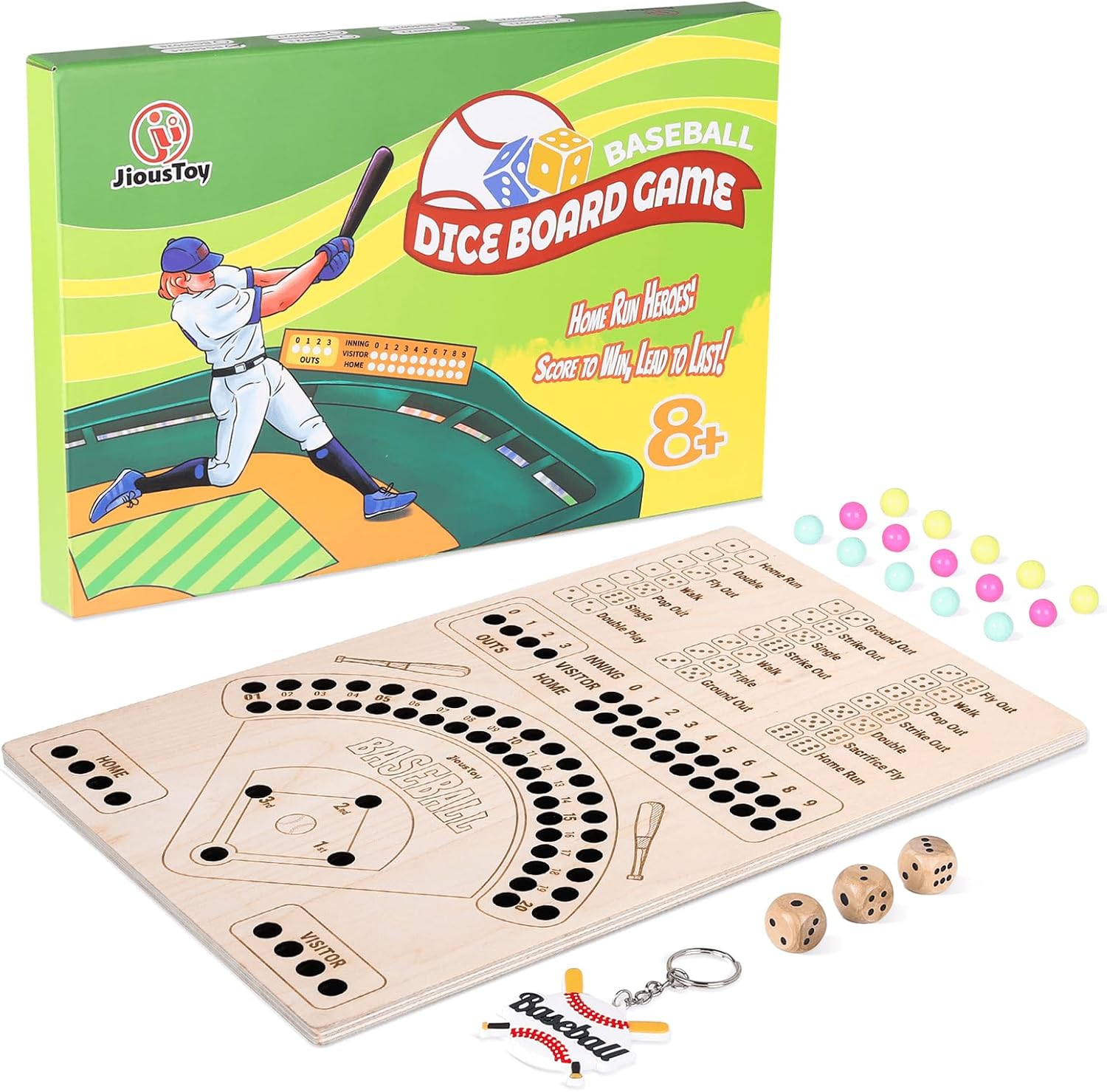 Jioustoy Baseball Board Game, Wooden Baseball Dice Game with Marbles, Baseball Travel Game and Indoor Table Game for Camping Family Gatherings, Baseball Gift for Teens Adults (Colourful Style)