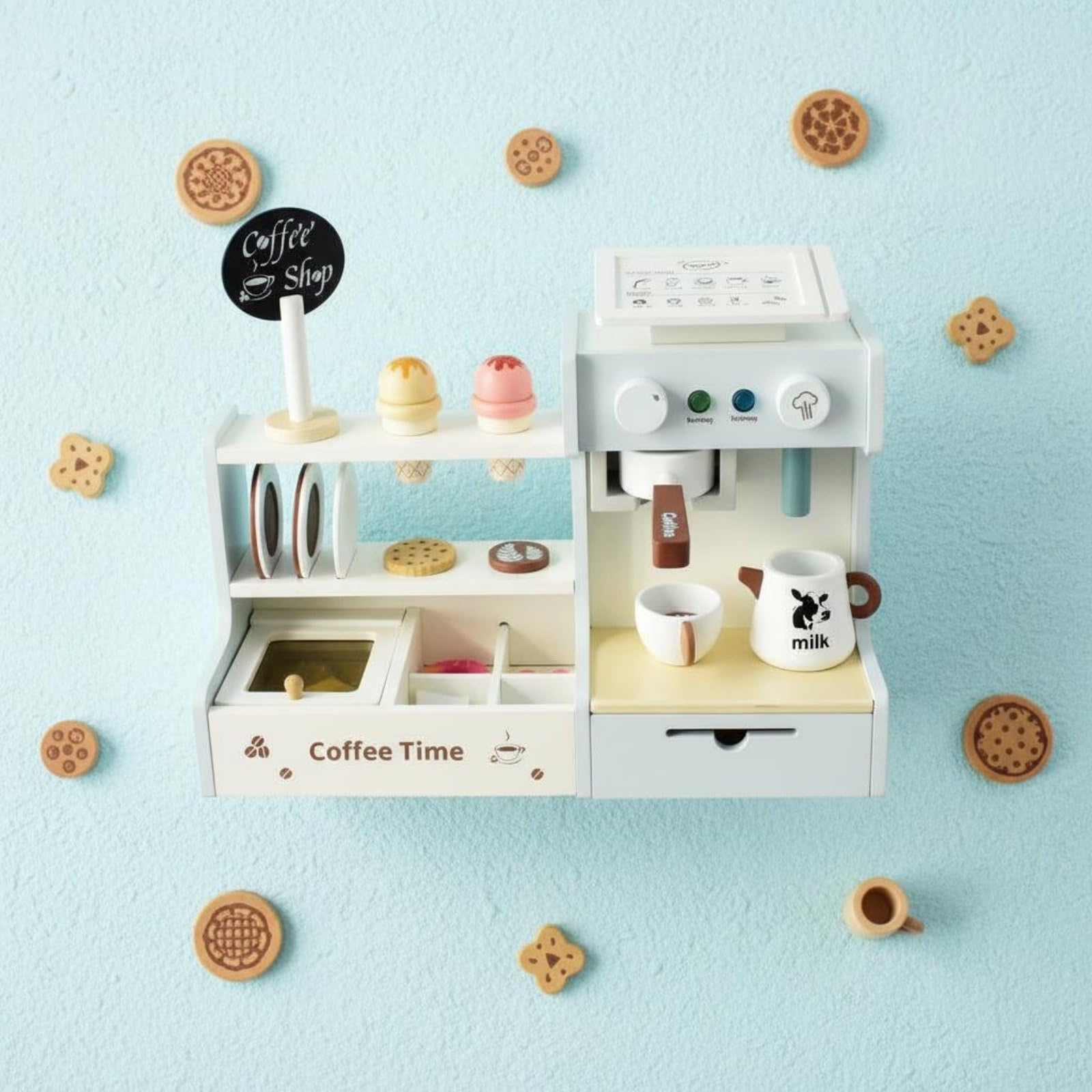 Kinder Café Spielzeug mit Zubehör fördert die Kreativität Holzspielzeug Kaffeeladen realistisches Design Kaufladen für Kinderzimmer