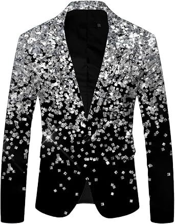 Mens Shiny Sequins Prints Blazer Floral Suit Jacket Stylish Tuxedo for Disco Ball Holiday Party