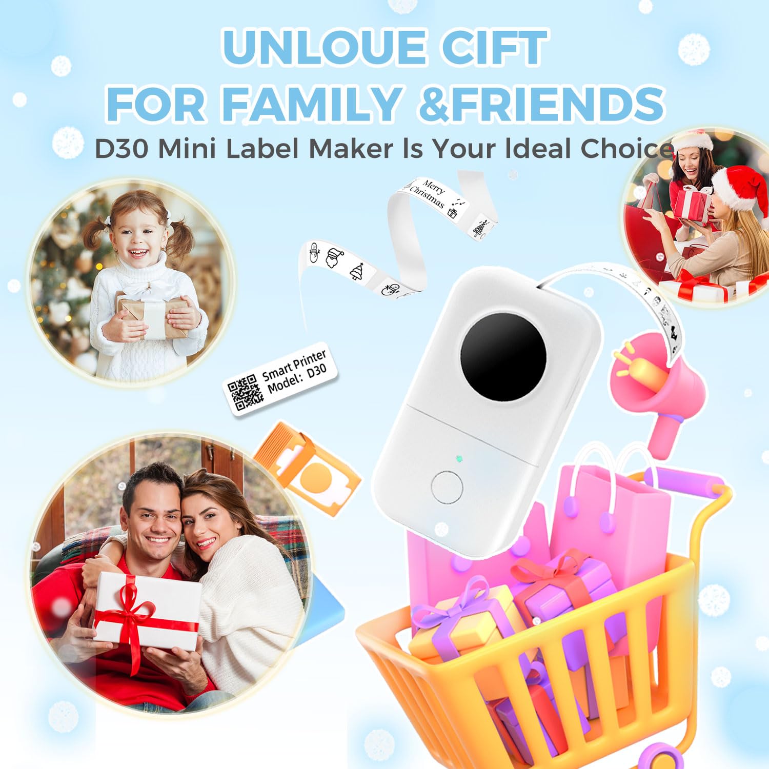 Phomemo D30 Beschriftungsgerät Selbstklebend Mini Etikettiergerät Bluetooth Etikettendrucker Label Printer mit 3 Rollen etikettenpapier Geschenkbox,Labelmaker Geeignet für Haushalt und Büro - Weiß
