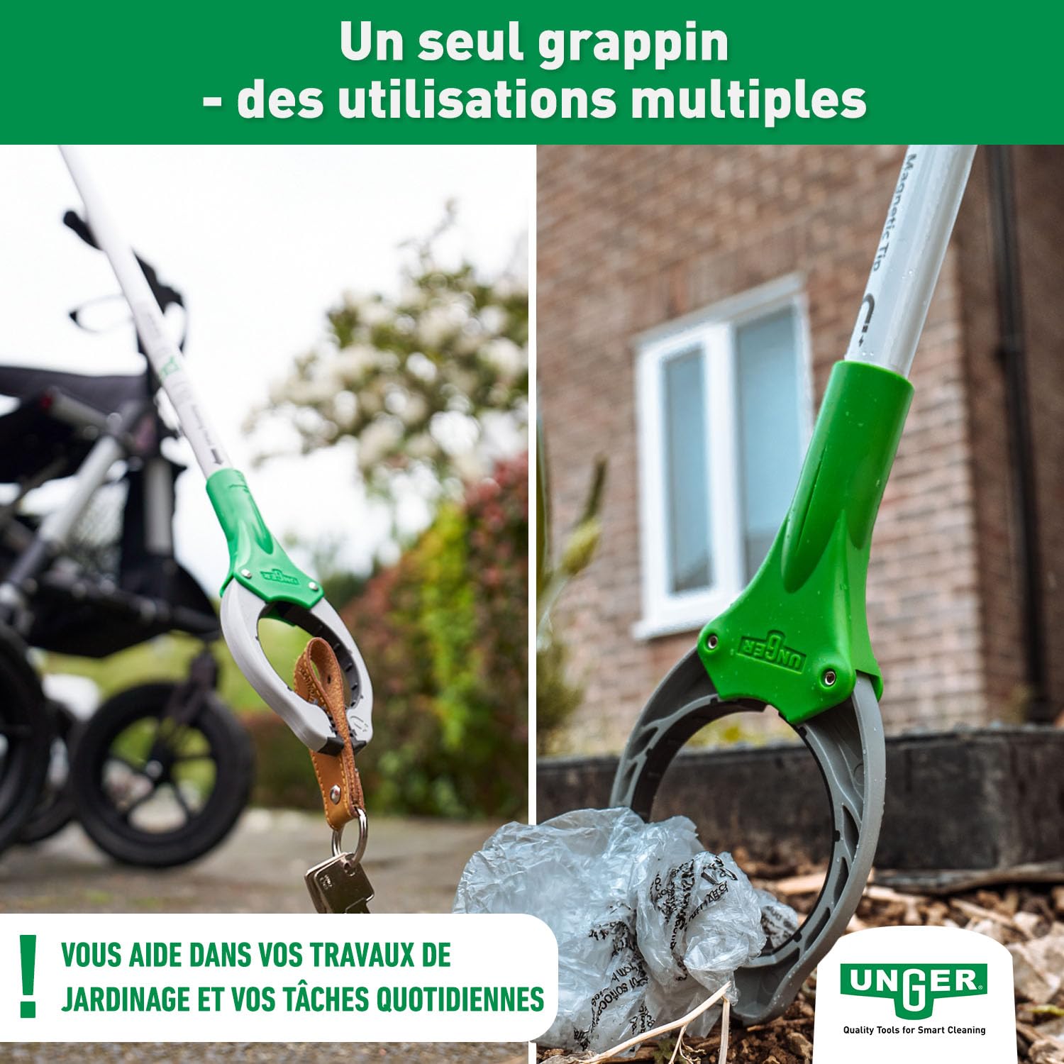 UNGER NiftyNabber Trigger Préhenseur tout usage (longueur de 93 cm, pince à déchets, avec pointe aimantée, tête de préhension rotative à 360°, très robuste) NT090