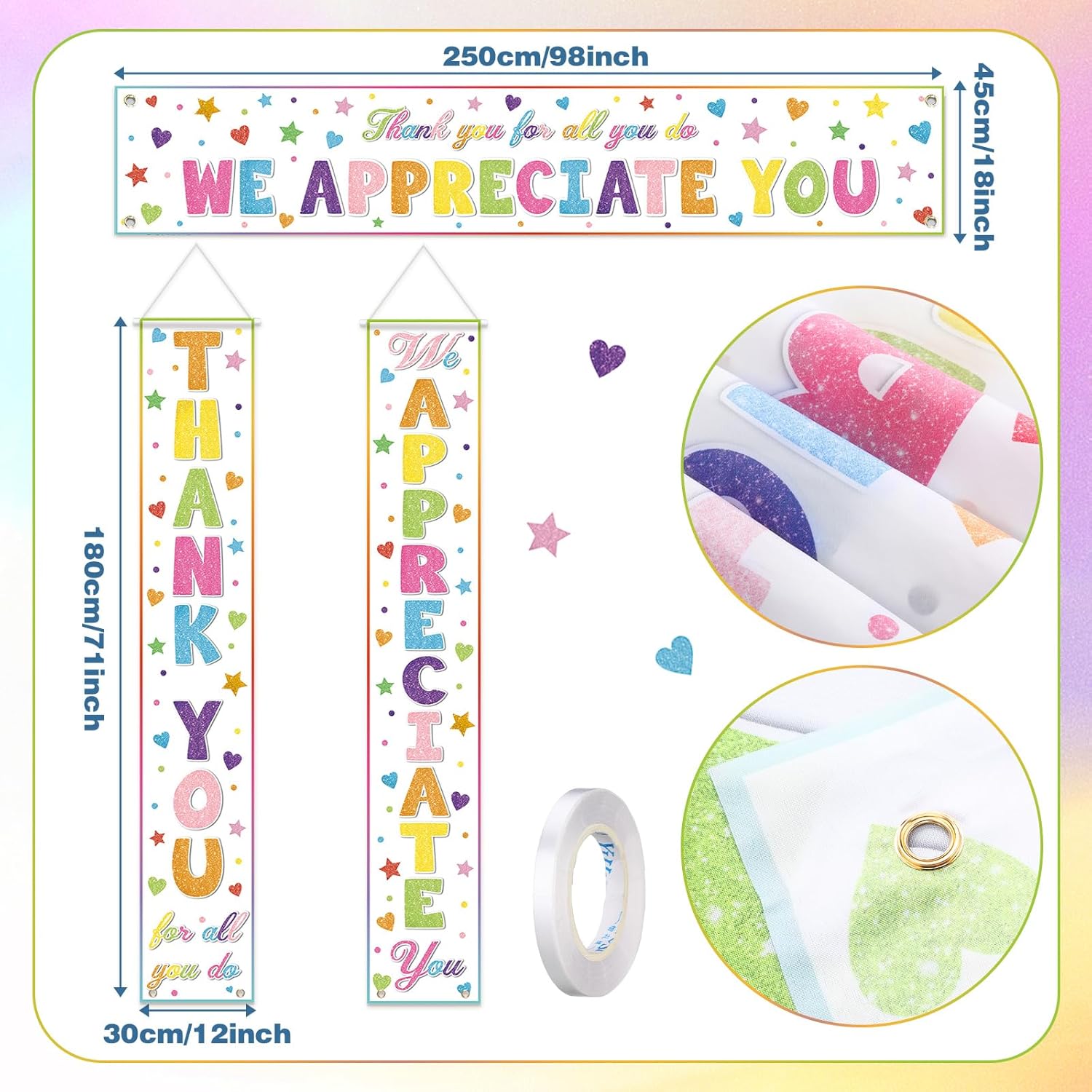 Tingjoo 3 Pcs Appreciation Banner We Appreciate You Door Porch Decor for Teacher Nurse Staff Coworker Administrative Professionals Day Employee Thank You Party Backdrop Supply(Glitter,Colorful)