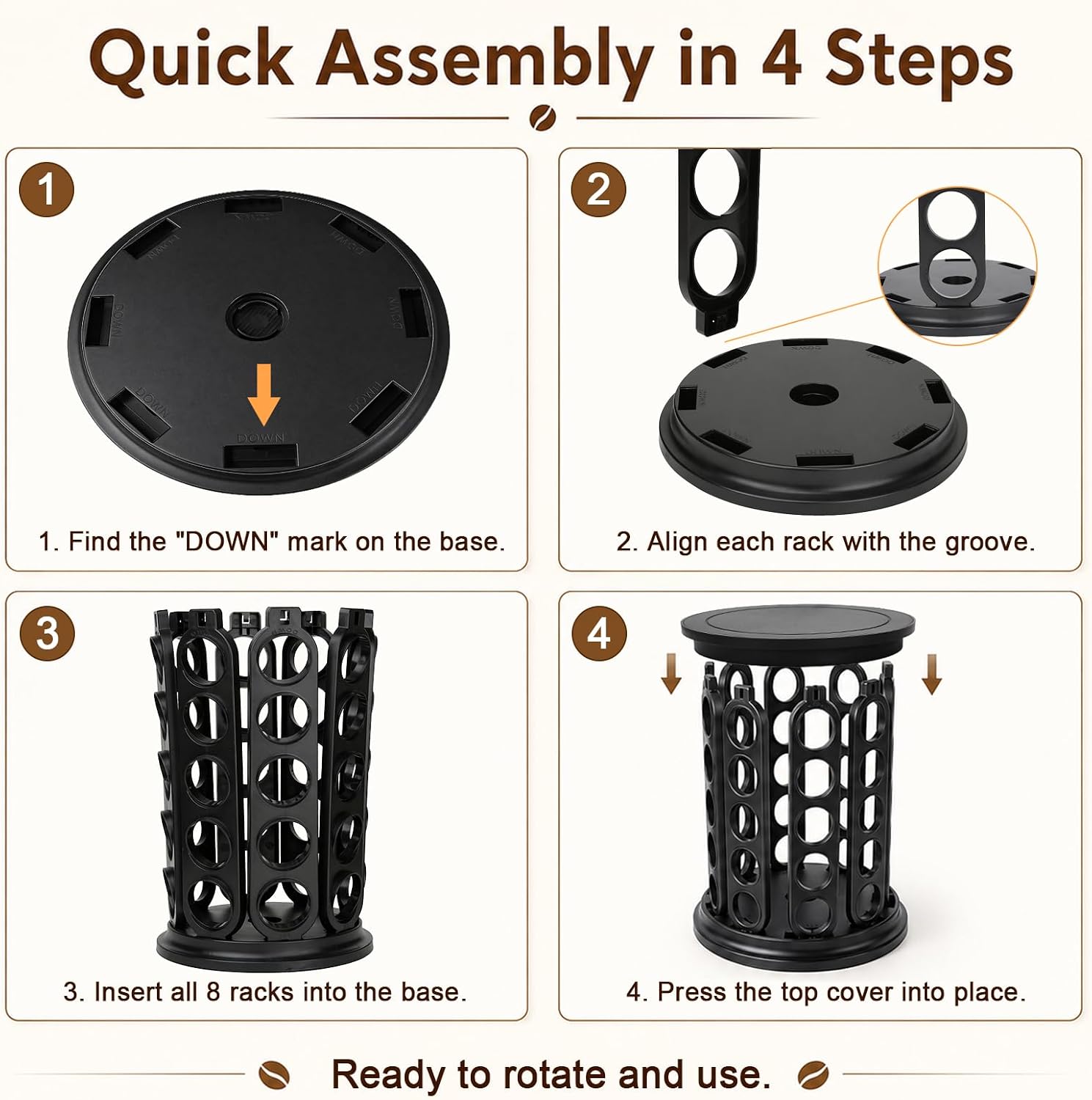 TeSabMi K Cup Holder, 40 Pod Rotating Coffee Pod Organizer, Black | 40 pod capacity, 360 rotation, compact countertop design, durable ABS plastic, easy assembly