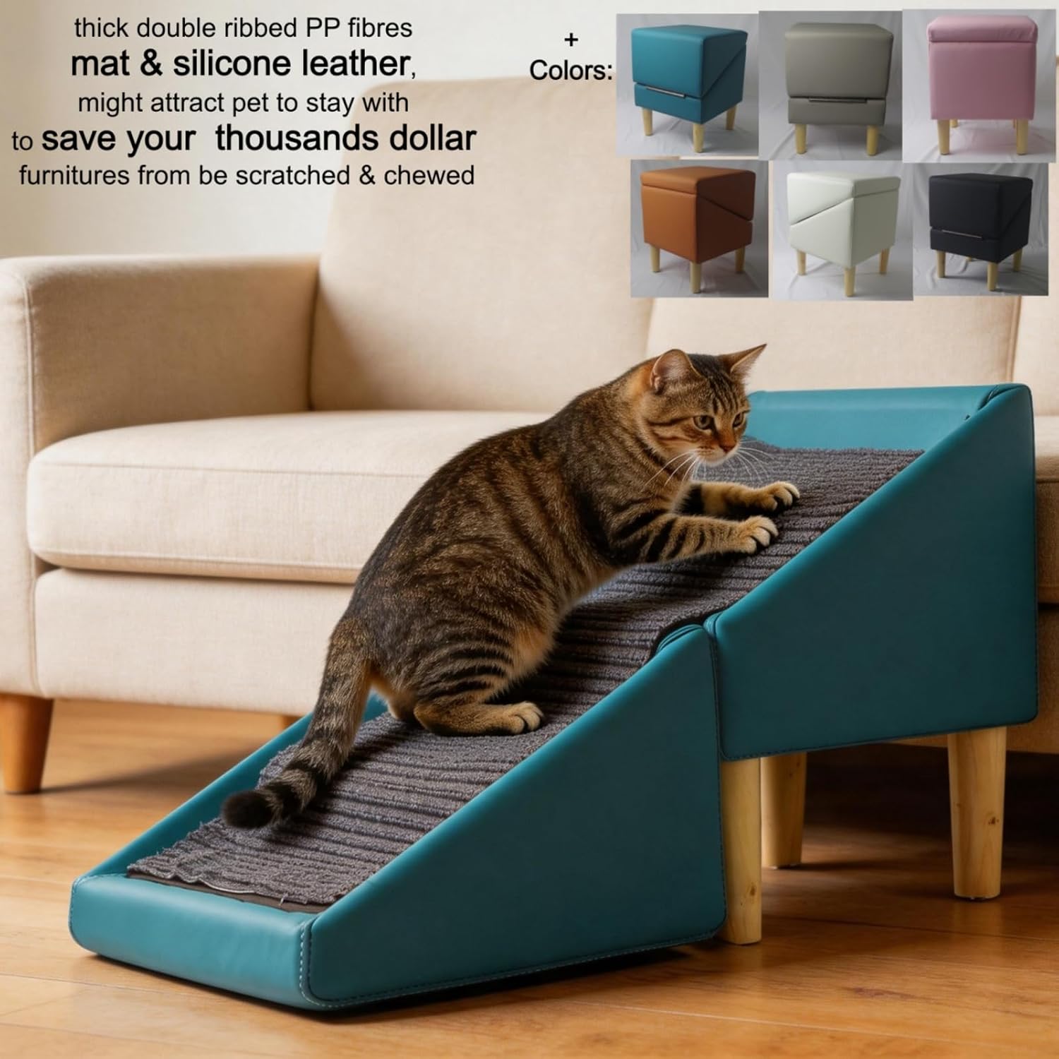 Foldable Dog cat Stair ramp Solid Wood Ottoman 18in H for Couch & Low Bed | Skin soft silicone vegan leather wear tear stain proof, easy wipe clean, hook loop washable mat, non slip sturdy safety