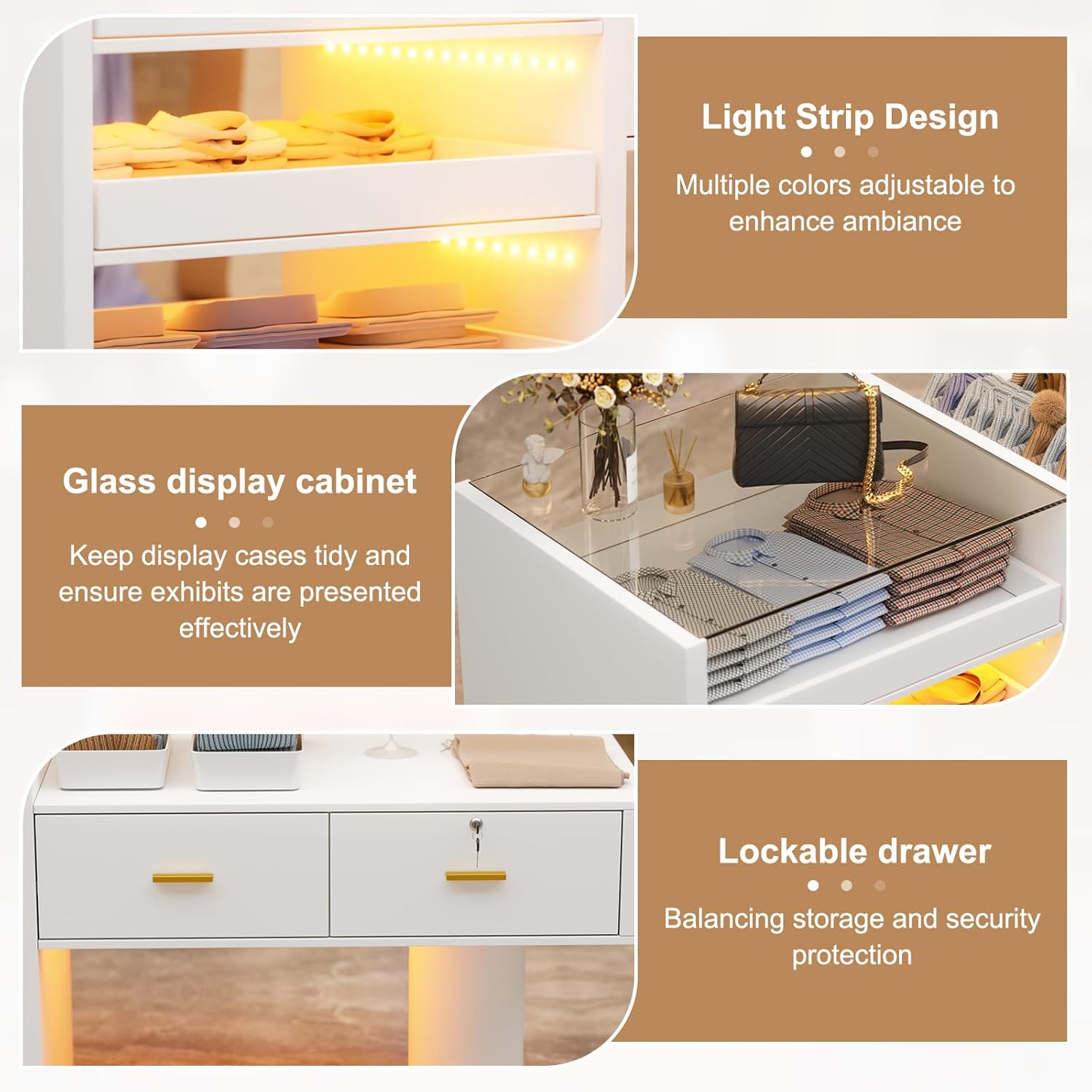 PAKASEPT 63" Large Reception Desk with LED Light & Glass Display Shelf, Modern Front Desk Reception Room Table with Lockable Drawers, Retail Checkout Counter for Lobby,Salon,Home Office Desk (White)