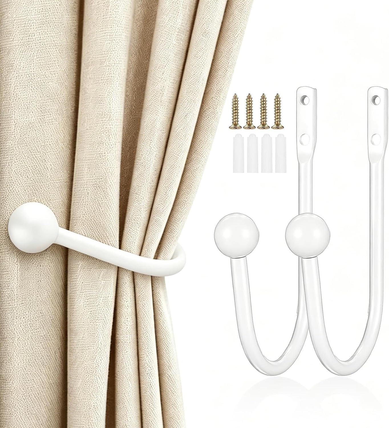 2 Pcs White Metal Wall Mounted Curtain Holdbacks & Tiebacks | Sturdy