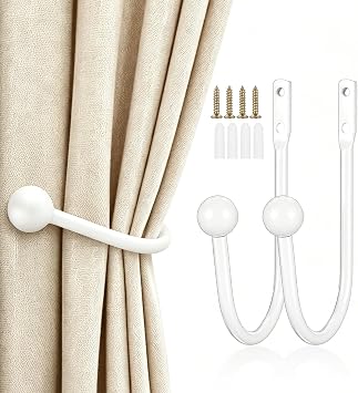 2 Pcs White Metal Wall Mounted Curtain Holdbacks & Tiebacks | Sturdy white metal wall-mounted holdbacks & tiebacks. Easy install, holds curtains or items.