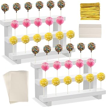 Tuanse 2 Pack Wooden Cake Pop Stand 3 Tier Cake Pop & Lollipop Display Holder with 100 Treat Bags Lollipop Sticks and Gold Twist Ties for Dessert Table Wedding Baby Shower Birthday PartyWood
