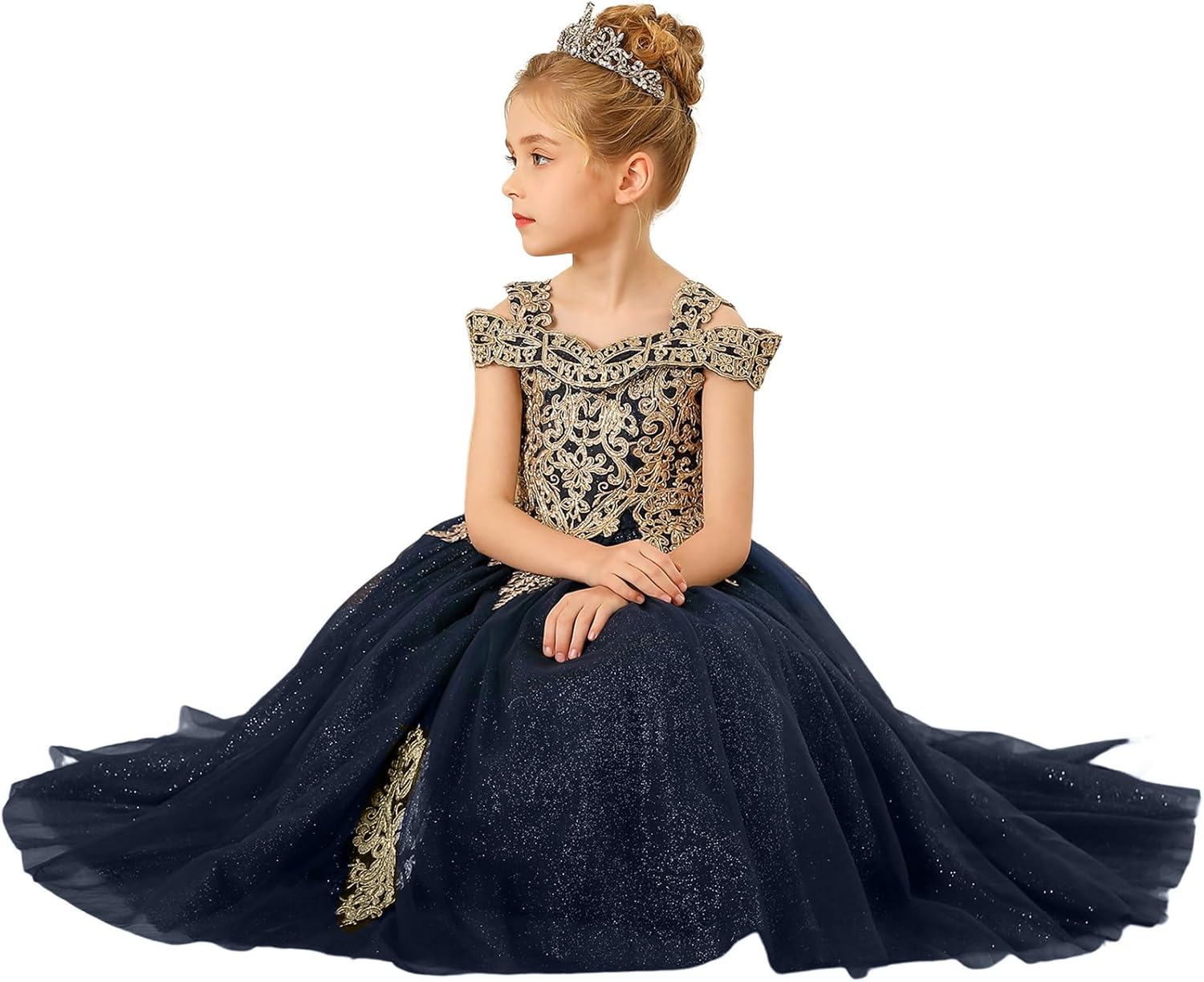 Formal Girls Tulle Long Pageant Dresses Prom Ball Gown Gold Lace Beaded - Image 3