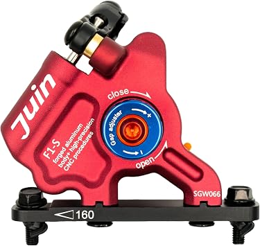 Juin JuinTECH F1-S 2-Piston Cable-Actuated Hydraulic Disc Brake Caliper Single Caliper 1 Wheel, Order 2 for Front & Rear, Flat Mount 160mm Direct, for Touring & Folding Bikes Red