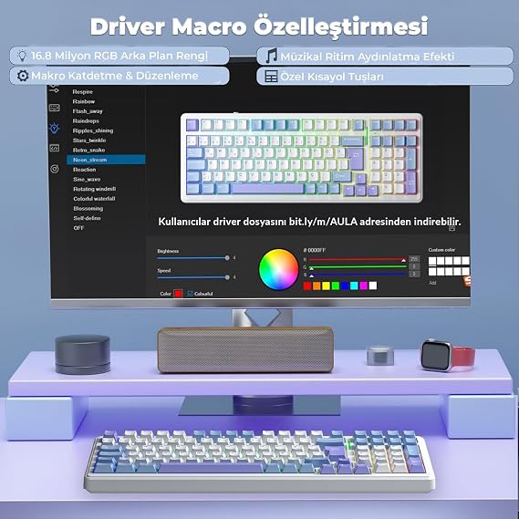 Aula F99 Mechanical RGB GrayWood V4 Switch 3 Modes Wireless Macro Hot Swap Turkish Q Keyboard Blue