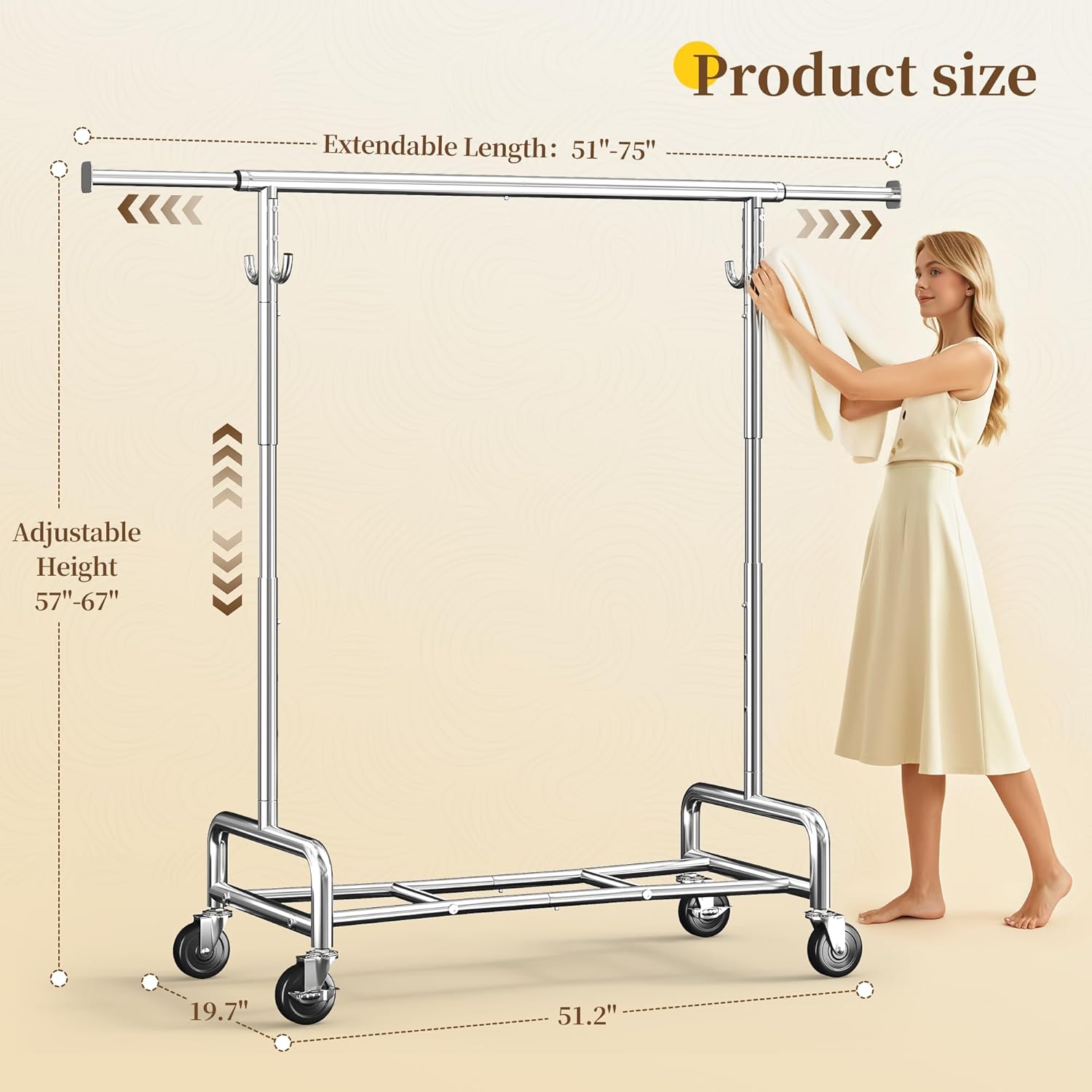 Raybee Heavy Duty Clothes Rack 75" Extra Wide, 450 LBS Clothing Rack with 4 Hooks, Lockable Wheels, Metal Garment Rack for Bedroom, Laundry Room, Commercial