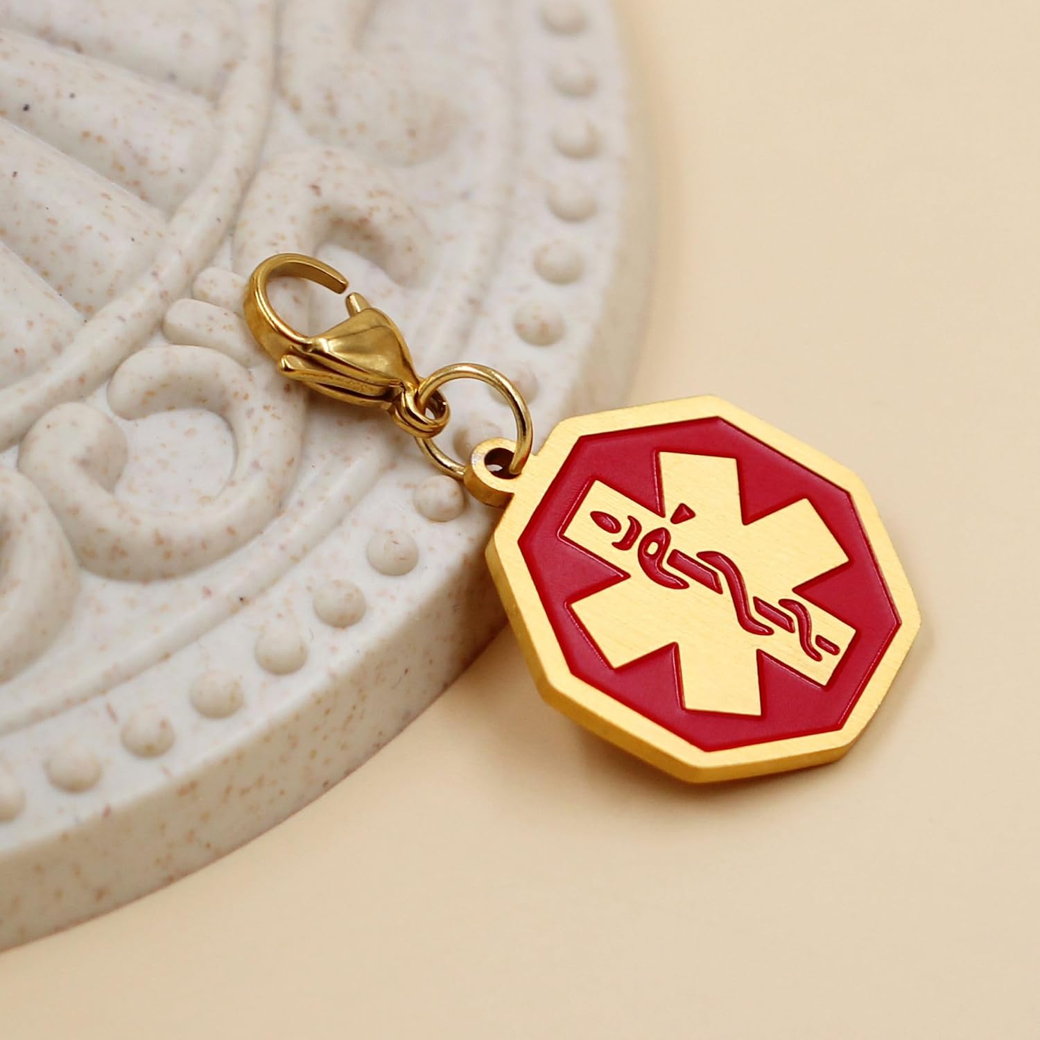 Red Medical Symbol Keychain for Women Men - Platinum/Gold Plated Octagon Medical Alert Keychains YA4677 image 4