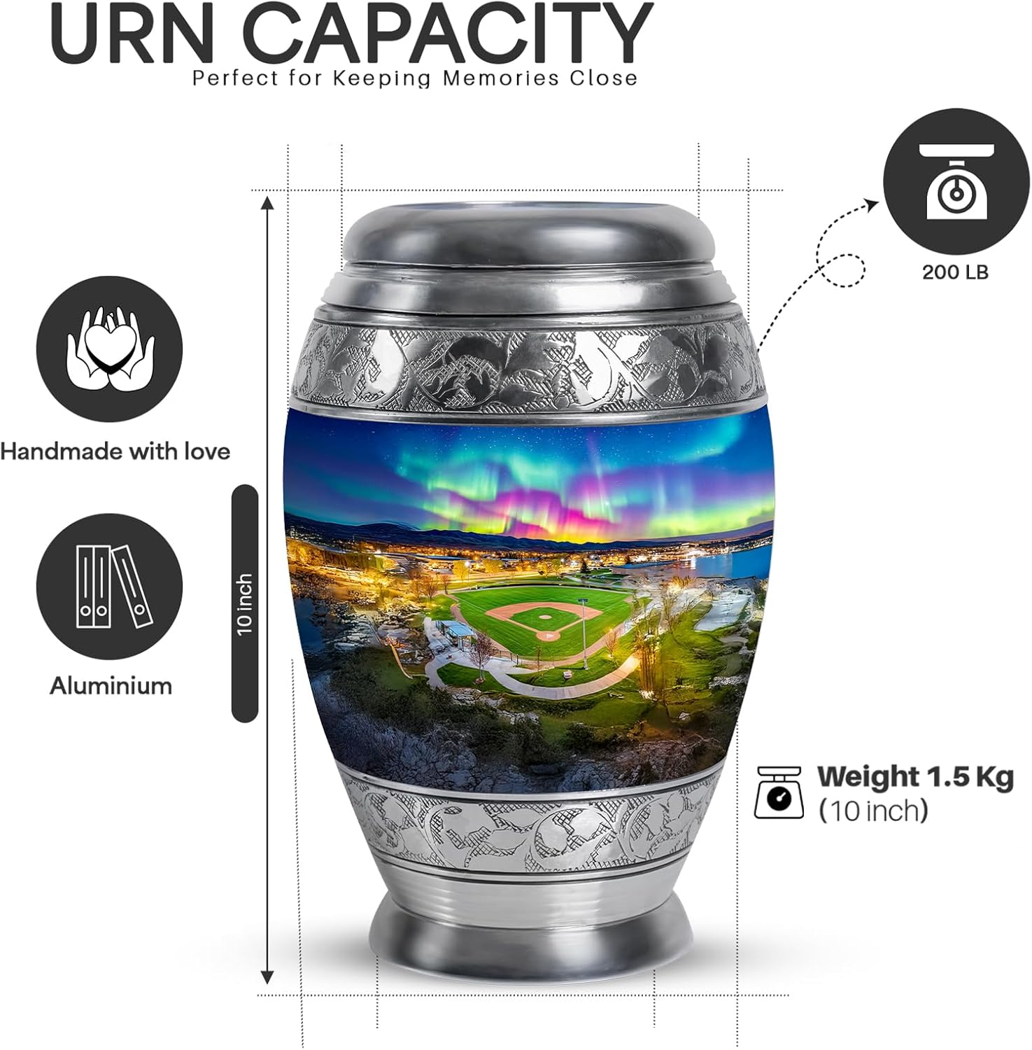 Yatskia Baseball Ground with Northern Lights Large Funeral Urns for Human Ashes Adult Male and Female, Cremation Blue Urn for Adult Ash, (Monar Large, 10 Inch)