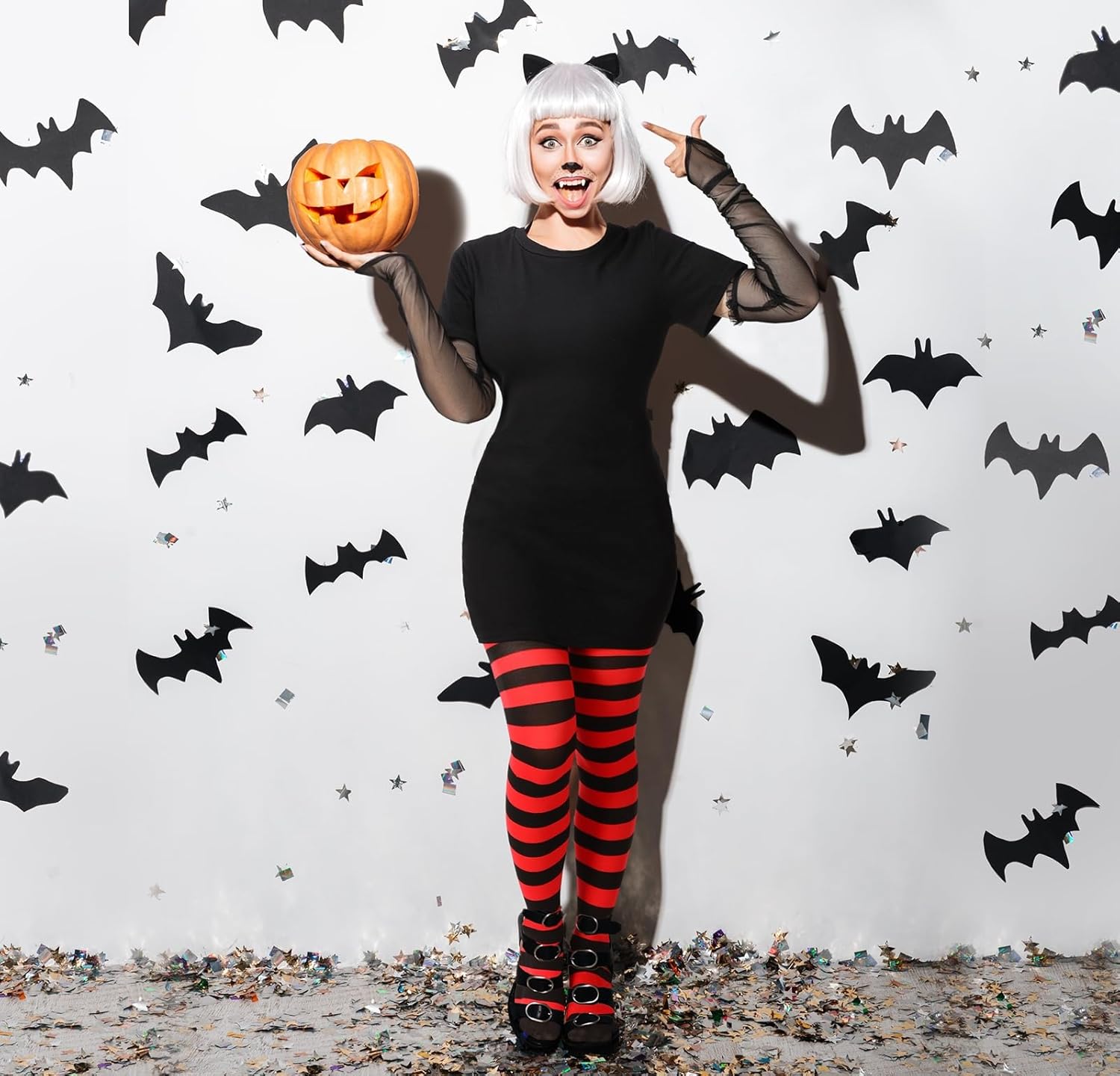 Suhine Halloween Vampire Costume for Women Black and Red Legging Black Dress Vampire Fangs Glove for Cosplay Party