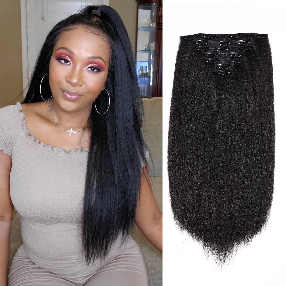 FANCEE Kinky Straight Clip in Hair Extensions Full Head