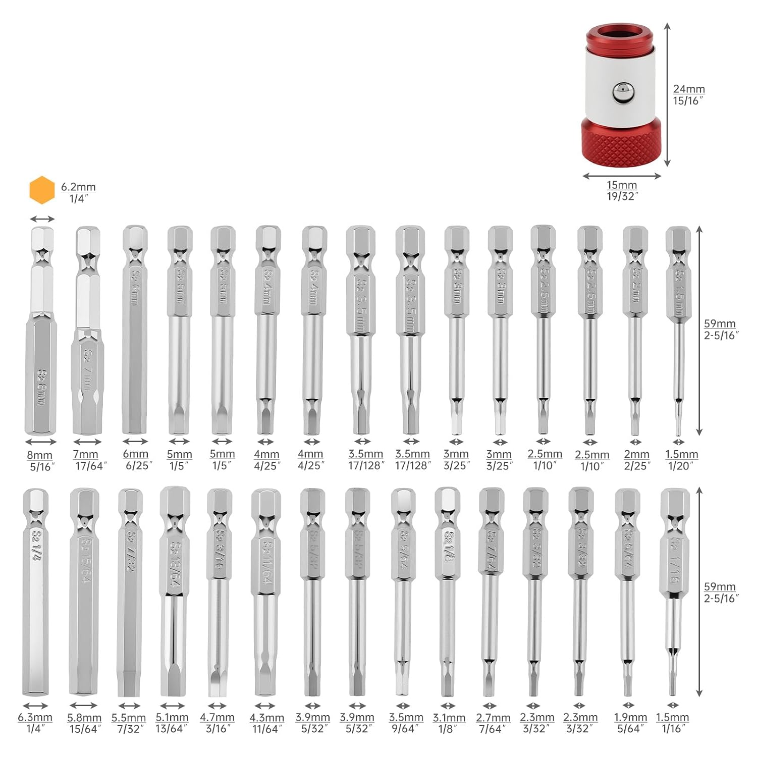 30Pcs Hex Bit Set, 60mm Long 1/4" Hex Shank S2 Steel Allen Wrench Drill Bits with Magnetic Ring Magnetizer, Metric & SAE Magnetic Screwdriver Bits for Furniture, Automotive & DIY