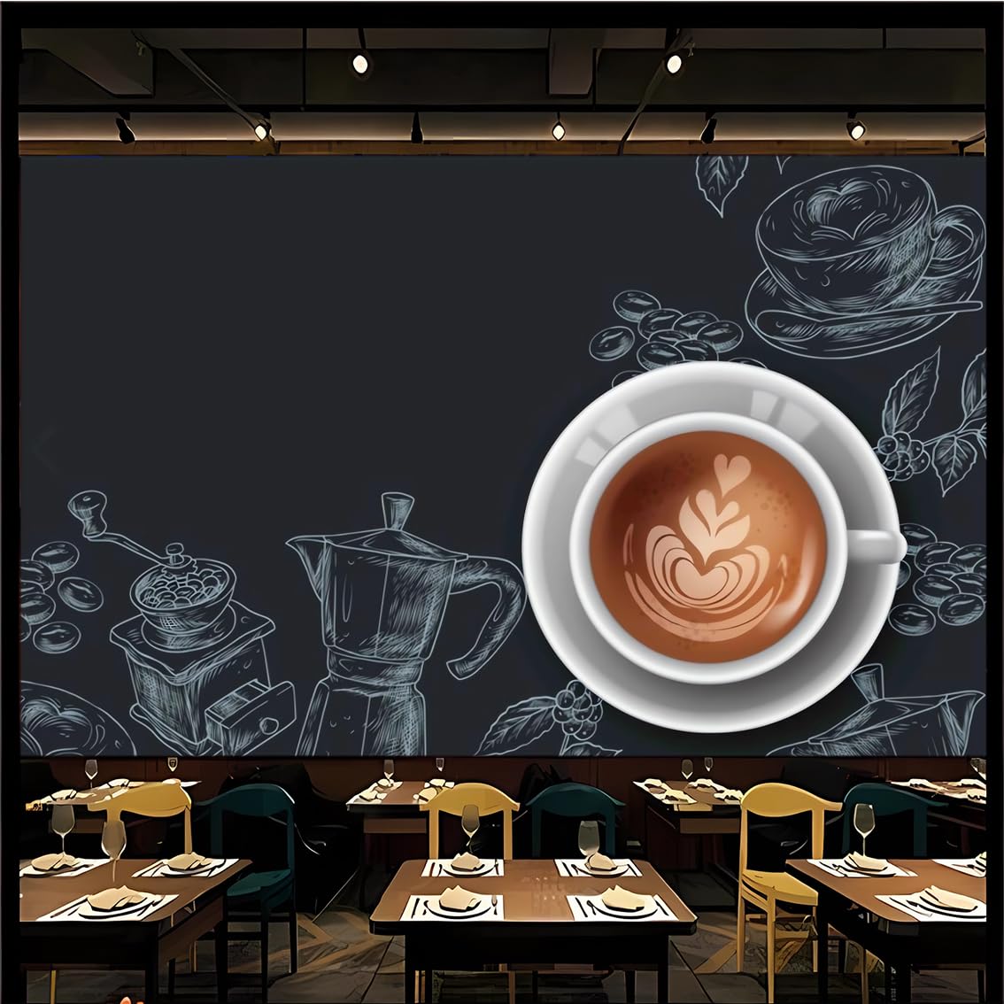 Dskjoviality Coffee Shop-7 Black Wallpaper Coffee Mural Coffee Shop Decor Peel And Stick Mural Self-Adhesive Large Mural Custom Size Applicable To The Coffee Shop Fast Food Restaurant Tea Shop