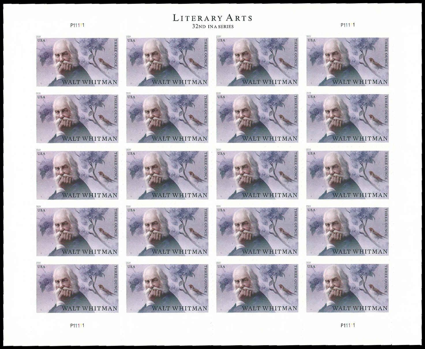 Walt Whitman (1819-1892) Three Ounce 3 Oz (Sheet of 20) Literary Arts 32nd in a Series First-Class Mail Postage Stamps Scott #5414