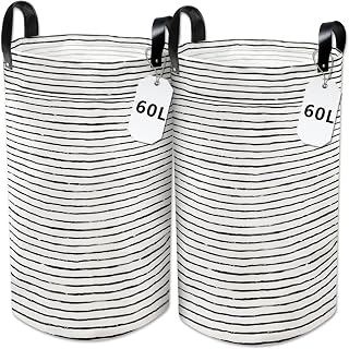 Cesta plegable para la colada, 60 l (juego de 2), cubo redondo con remaches reforzados, asas de piel sintética, bolsa de lavandería grande, impermeable, para baño (rayas blancas y negras)
