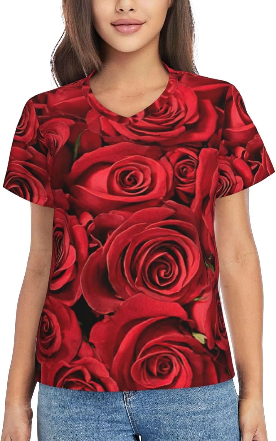 Womens Red Rose Print Short Sleeve V Neck T-Shirts Casual Breathable Tee Basic Summer Tops 2026
