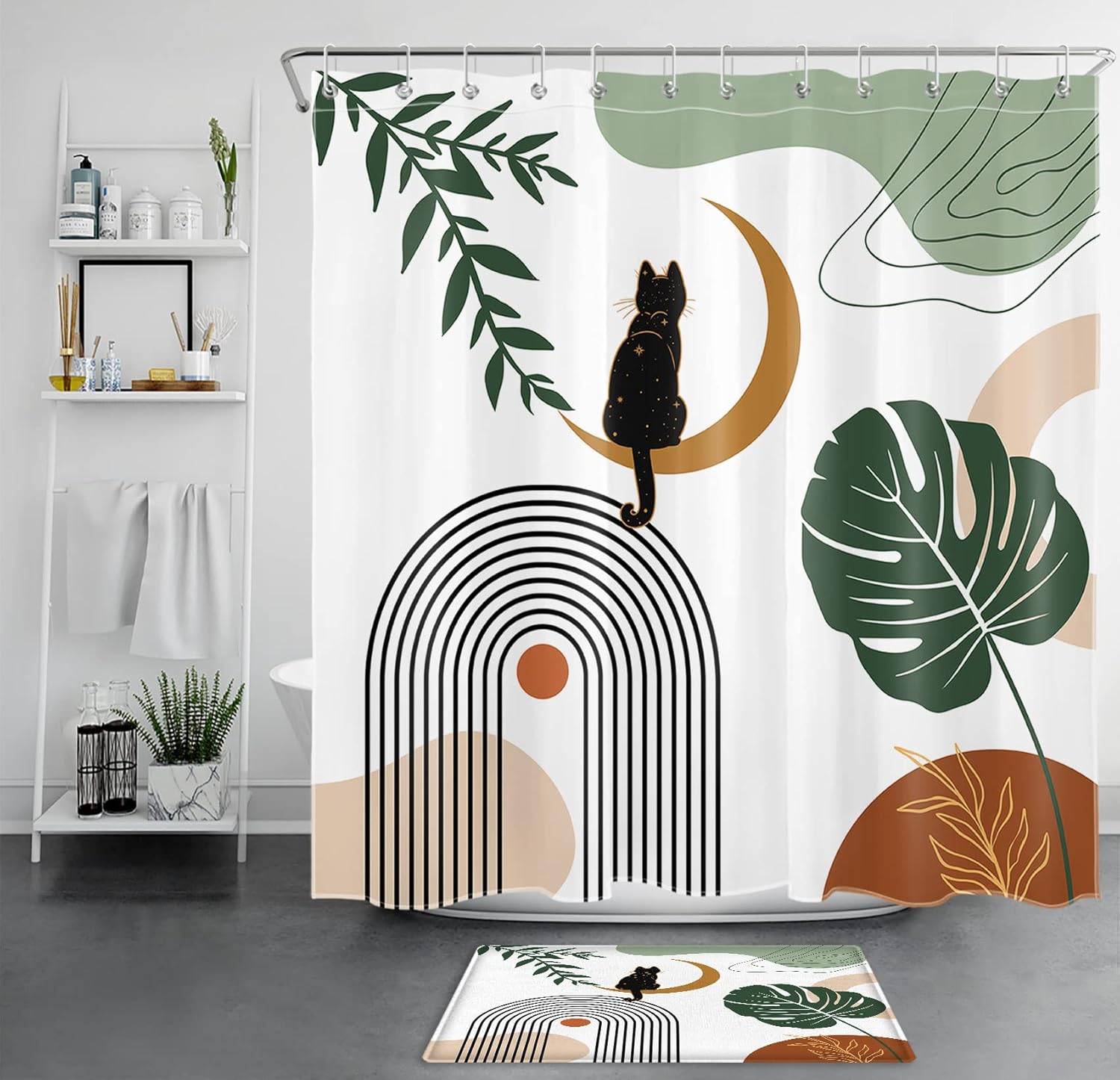 LB Minimalist Mid Century Shower Curtain Boho Striped Green Leaf Abstract Shower Curtain Set Tarot Black Cat Modern Shower Curtains for Bathroom with Bath Mat and Hooks,Waterproof Fabric,72x72 inch