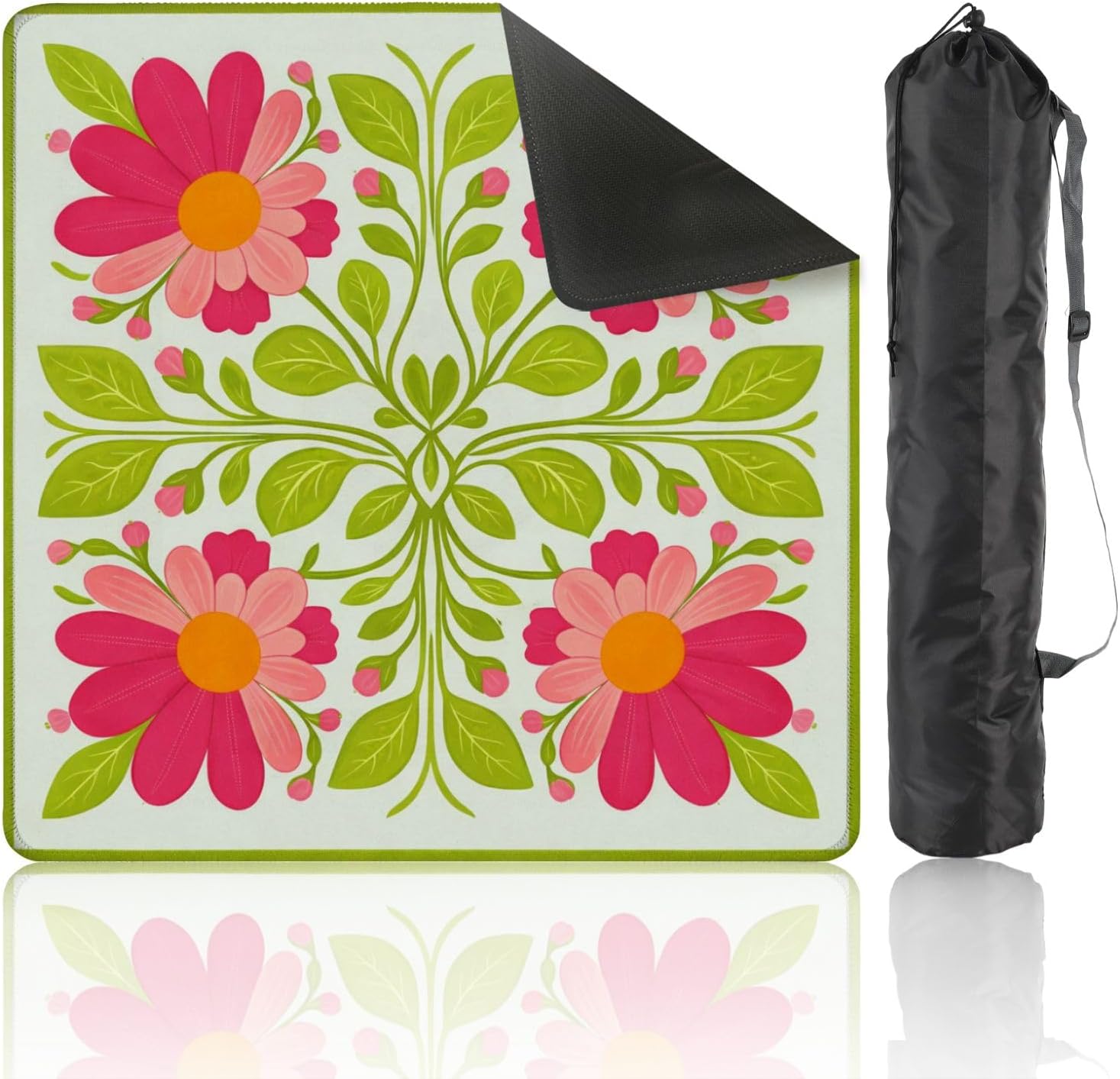 Mahjong Mat with Carrying Bag 31.5" x 31.5" Non-Slip Noise Reduction Floral Bright Pink Orange Flowers White Table Mat for Mahjong Poker Dominoes Card Board Tile Games