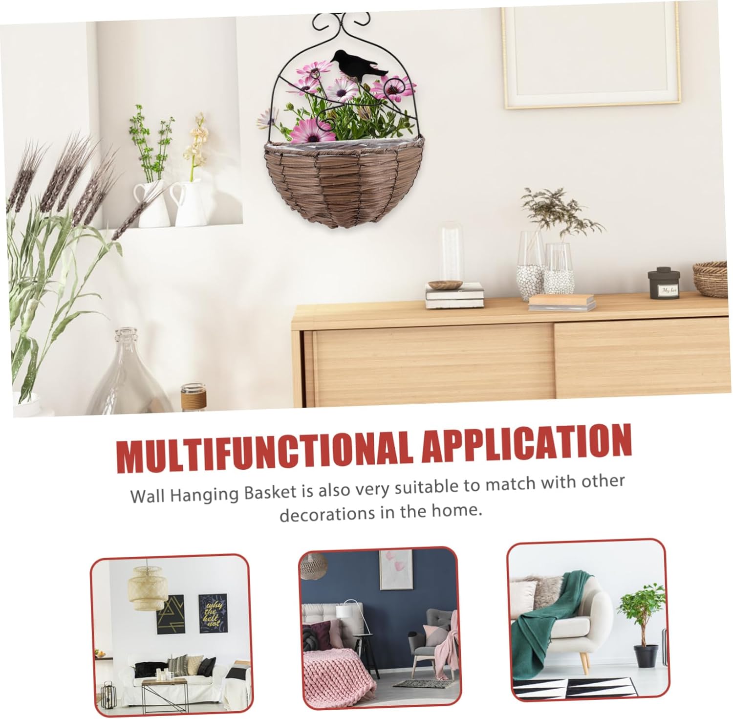 Woven Hanging Flower Basket Wall Mounted Rustic Rattan Planter Pot for Indoor Outdoor Plants Home Garden Decor with Storage Function Brown Ornamental Bird Pattern