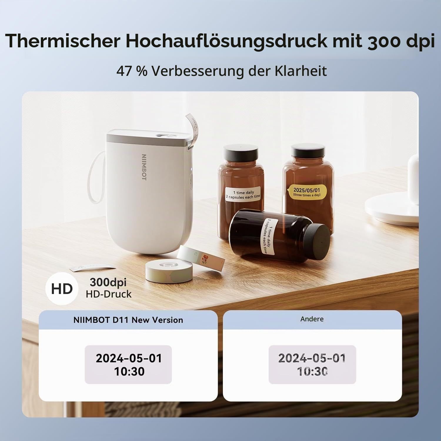 NIIMBOT D11 Etikettendrucker Selbstklebend mit 3 Etikettenrollen(Weiß)