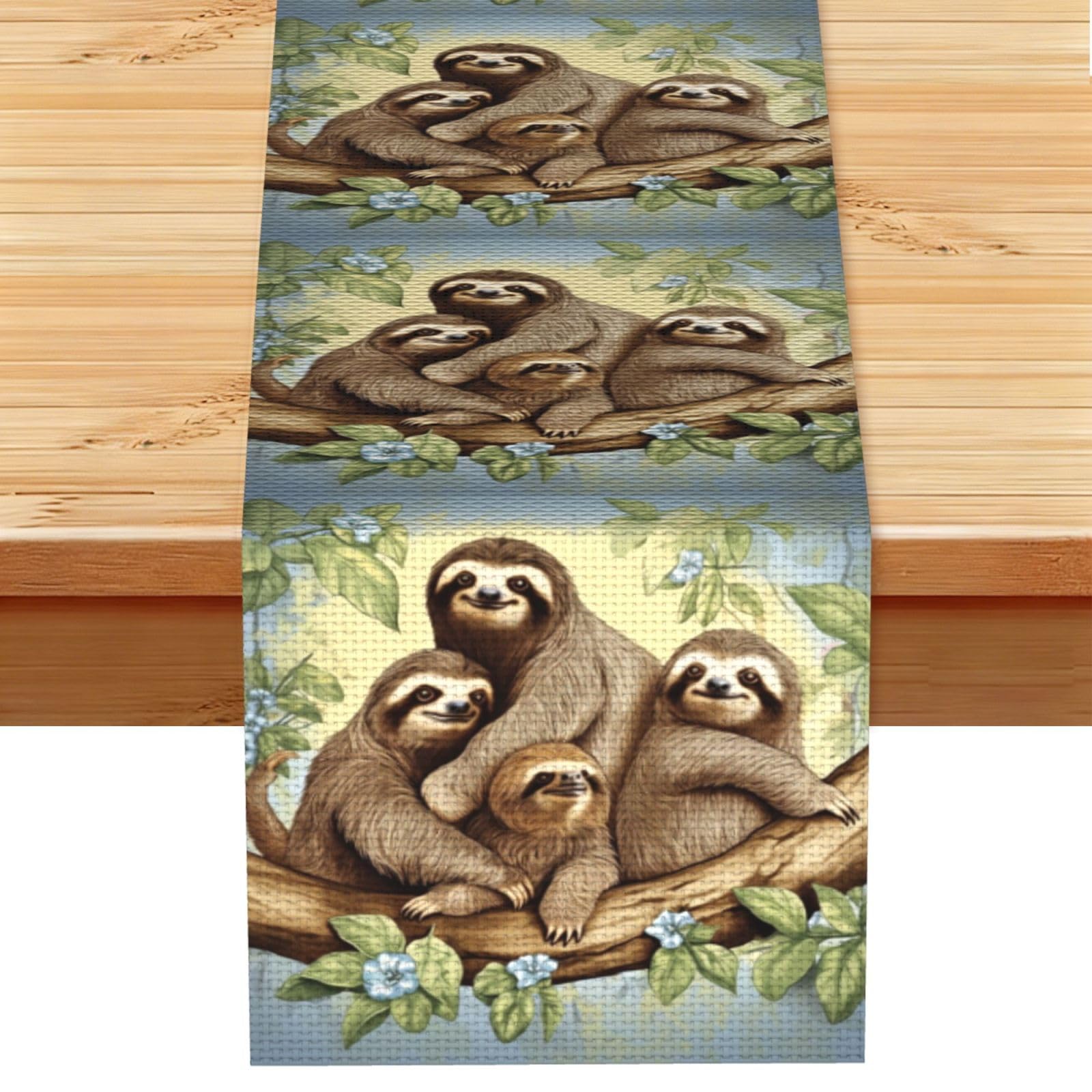 Fodpand Black Rustic Cotton Linen Table Runner, Sloth Family Table Runners 13 X 72 Inches, Modern Elegant Farmhouse Tablecloth, Washable Kitchen Dining Table Decoration For Home Party Decor