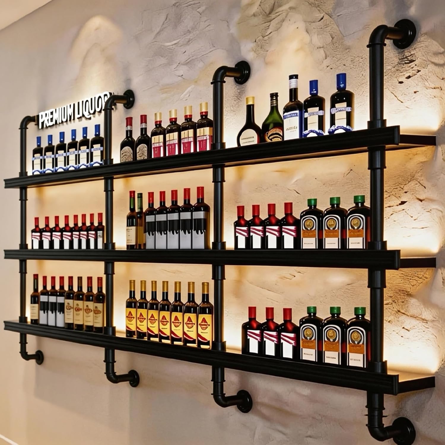 Wall Mounted Wine Rack with LED Light - 3-Tier Solid Wood Industrial Rustic Floating Shelves, Bottle Storage Organizer for Kitchen, Bar, Pub, Cellar, Home Bar(Black Solid Wood, 80cm/31.8in)