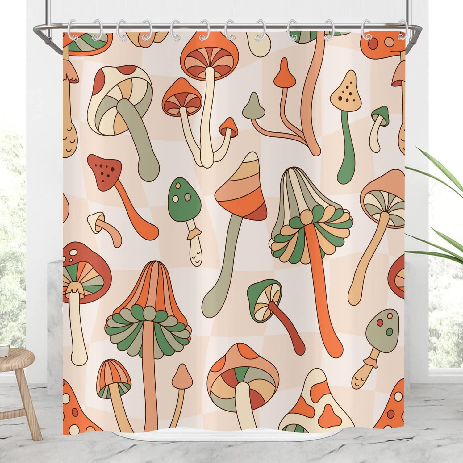 Hnmdmyi Mushroom Shower Curtain 90x180, Funny Colorful Mushroom Boho Retro Aesthetics Abstract Bathroom Curtains with Hooks Waterproof Polyester Fabric Washable Bath Curtains for Wet Room