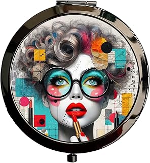 Espejo de bolsillo Pop colorido con diseño vibrante de maquillaje, accesorio compacto de metal negro, apertura con botón pulsador, hecho a mano en Francia, regalo original y práctico – 7 cm
