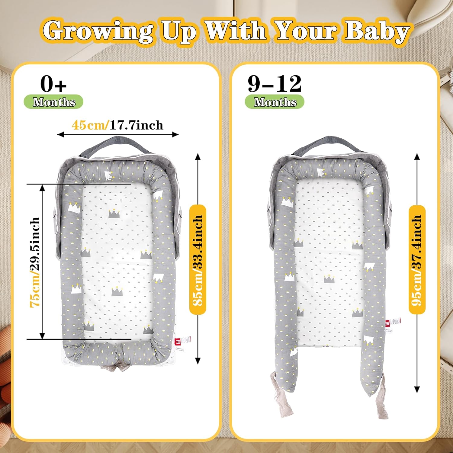 Baby Lounger for Newborn-Portable Baby Lounger 0-24 Months for Home and Travel,Newborn Loungers with Strap, Baby Nest Lounger Adjustable Size,Crown Grey