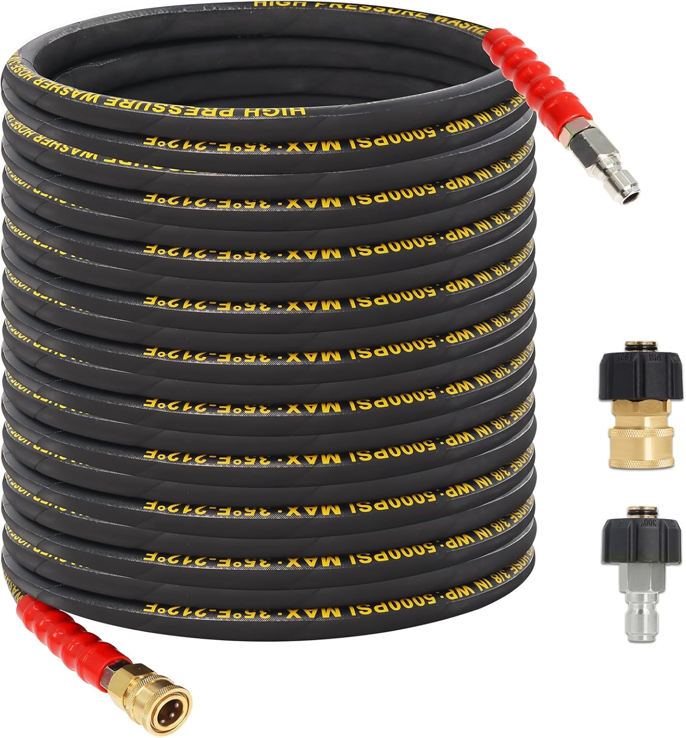 100FT Pressure Washer Hose 3/8''- 5000 PSI High Tensile Wire Braided Kink Resistant Power Washer Hoses Extension, Hot & Cold Water Max 140°F with 2 Pcs M22-14mm 3/8" Quick Connect Kits