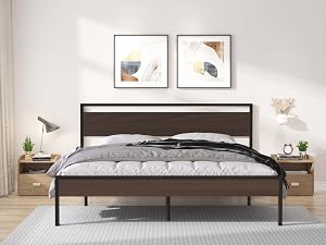 King Size Metal Platform Bed Frame with Wooden Headboard and Footboard Heavy Duty Steel Slat Support Storage Space