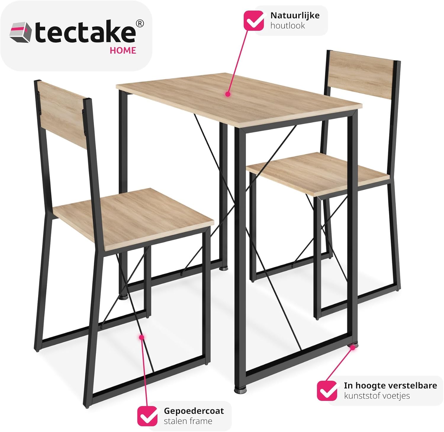 Close-up of the tectake Margate dining set, highlighting the natural wood-look surface and the adjustable plastic feet on the steel frame.
