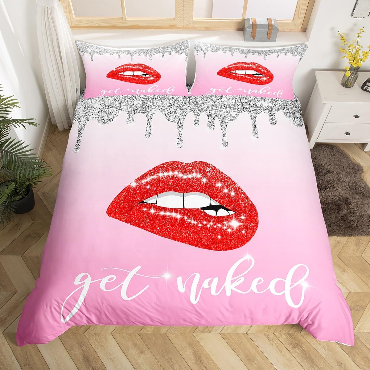 Feelyou Pink Black Sexy Lips Bedding Set Queen, Get Naked Duvet Cover Diamond Get Naked Comforter Cover Kids Toddler Glitter Leopard Print Sexy Lips Bedspread Cover Reversible (No Comforter)