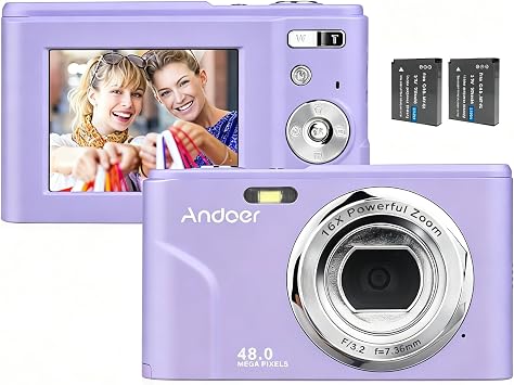 Andoer Digital Camera, 48MP 1080P Portable Camera 128GB Extended Memory | 2.4-inch IPS Screen, 16X Zoom, Auto Focus Self Timer, Face Detection, Anti-Shaking with 2pcs Batteries, Purple