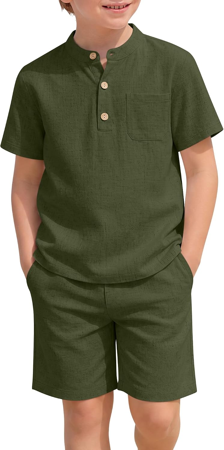 Halfchet Boys' 2 Pieces Linen Set Henley Short Sleeve Button Down Shirt and Shorts Summer Beach Vacation Outfits with Pocket