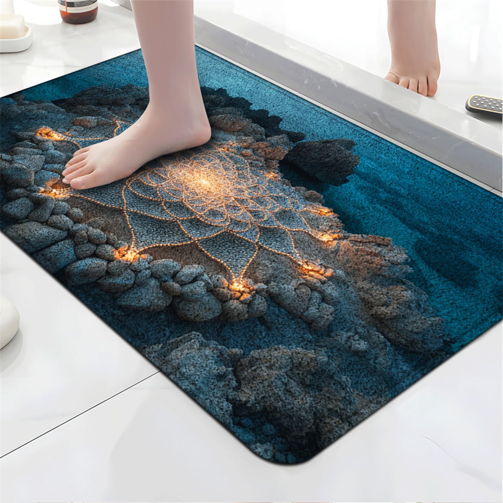 Alfombra Baño Mandala Azul Alfombras Ducha De Microfibra Ultra Suave Y Cómoda,Lavable A Máquina para Bañera, Ducha Y Baño