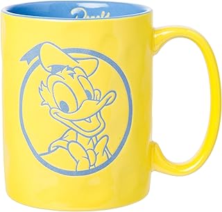 Silver Buffalo Disney Mickey and Friends Featuring Donald Duck Etched Engraved Wax Resist Handmade Ceramic Yellow and Blue Pottery Mug, 17 Ounces