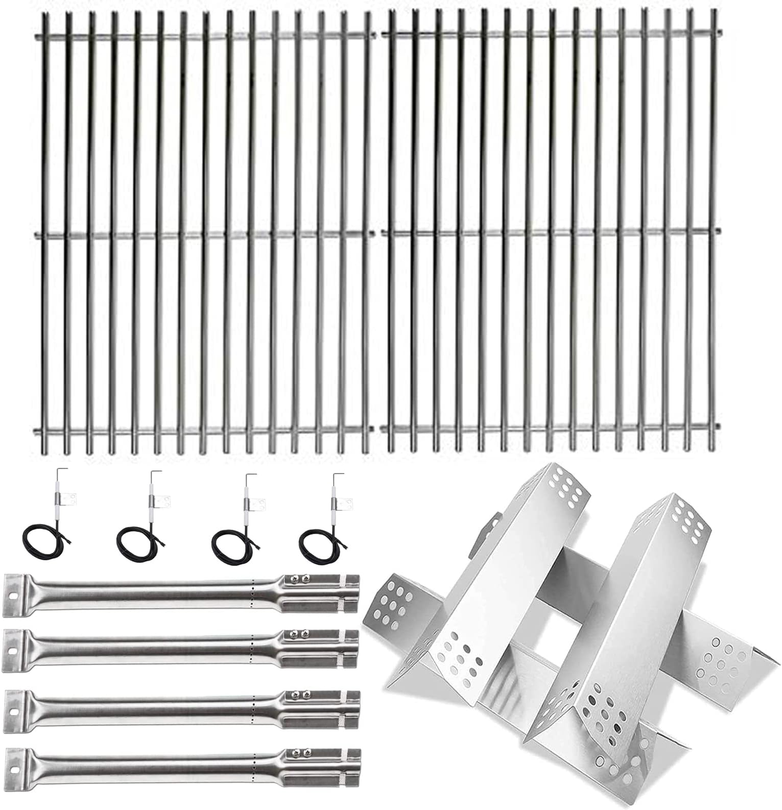 HisencnRepair Kit Stainless Steel Burners, Stainless Heat Plates Tent Shield and Cooking Grids Grill Grate Replacement Parts for Master Forge 1010037 Gas Grill Models