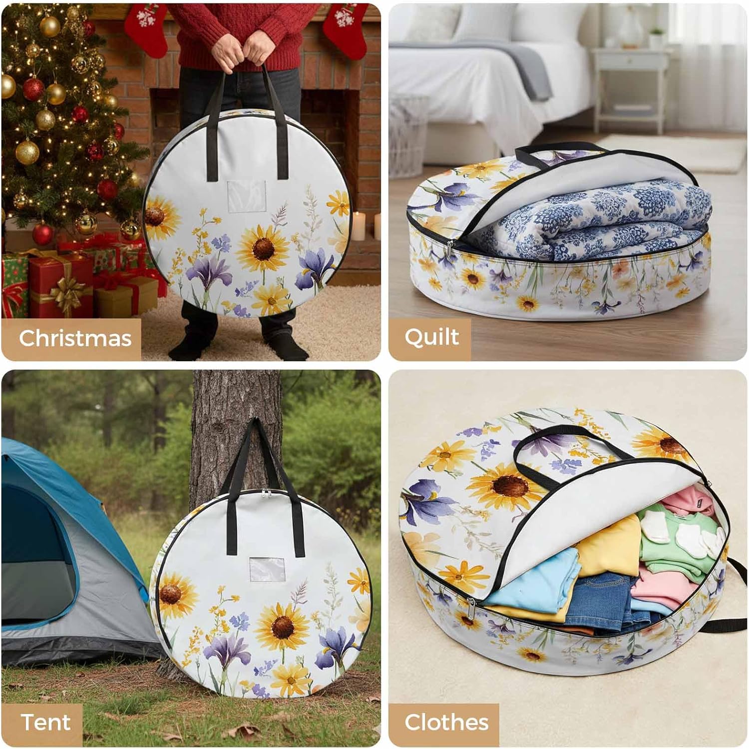 Pastoral Sunflowers Round Storage Bag 36 Inch, Leaves Plants Floral Watercolor Clothes Storage Container with Handles Heavy Duty Organizer for Comforter, Bedding & Holiday Wreaths