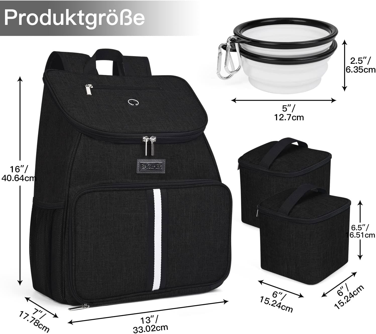 BAGLHER丨Dog Travel Bag, Airline Approved Pet Supplies Backpack, Dog Travel Backpack Accessories Set with 2 Silicone Collapsible Bowls and 2 Food Baskets. Black