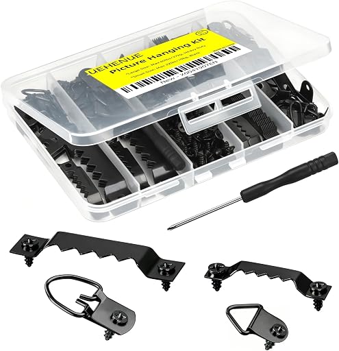 251Pcs Picture Hanging Kit, Include 50 Sawtooth Picture Hangers, 50 D Rings, 150 Screws and Screwdriver, Dual-Size Heavy Duty Picture Frame Hanging Hardware for Artwork Frame Canvas Mounting