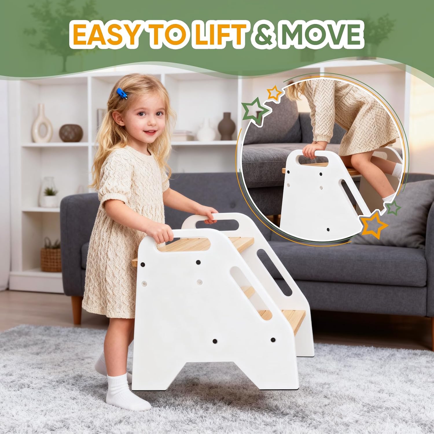 Toddler & Kids Step Stool, Adjustable Bamboo Wooden Step Stool with White Side Panels for Kitchen, Bathroom Sink & Toilet, Non-Slip 2 Step Stool, Sturdy Compact Design, 220 lbs Capacity